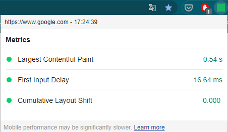 Google Core Web Vitals Chrome Plugin