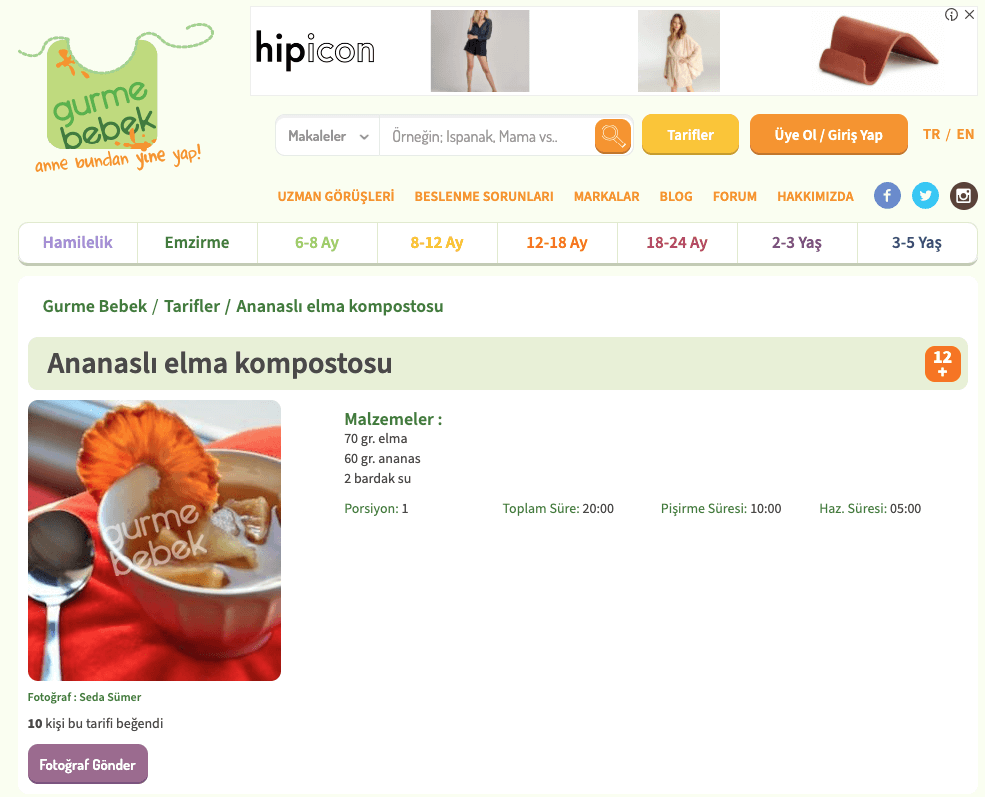 Gurmebebek Landing Page for recipe