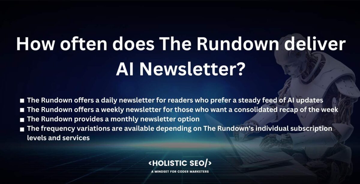 How Often does The Rundown Deliver AI Newsletter how often Does The Rundown Deliver AI Newsletter?
The rundown offers a daily newletter for readers who prefer a steady feed of AI updates
The Rundown offers a weekly newsletter for those who want a consolidated of the week.
The Rundown provides a monthly newsletter option.
The Frequency variation are available depending on The Rundown's individual Subscription levels and services.