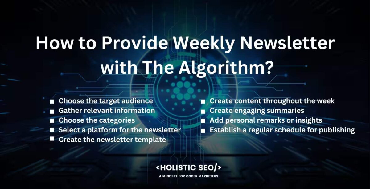 How to provide weekly newsletter with the algorithm How to provide weekly newsletter with the algorithm
Choose the target audience, Gather relevant information, Choose the categories, Select a platform for the newsletter, Create the newsletter template, Create content throughout the week, Create engaging summaries, Add personal remarks or insights, Establish a regular schedule for publishing