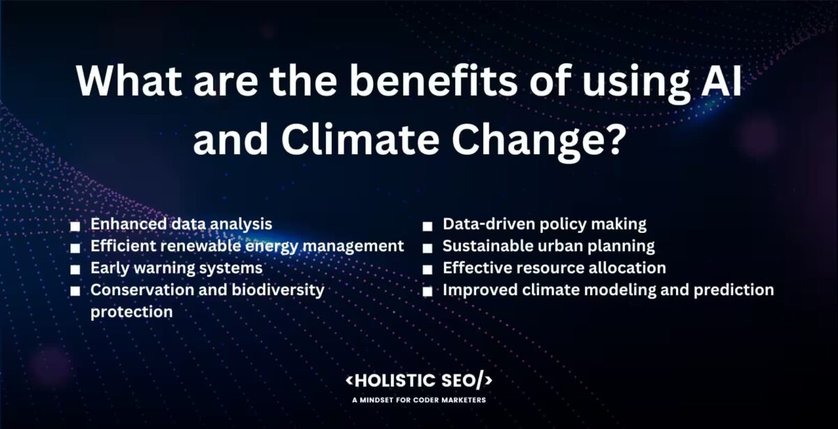 What are the benefits of using AI and Climate Change What are the beenfits of using AI and climate Change?
Enhanced data analysis, efficient r4enewabşe energy management, early warning systems, conservation and biodiversity protection, data-driven policy making, sustainable urban planning, effective resource allocation, improved climate modeling and prediction.