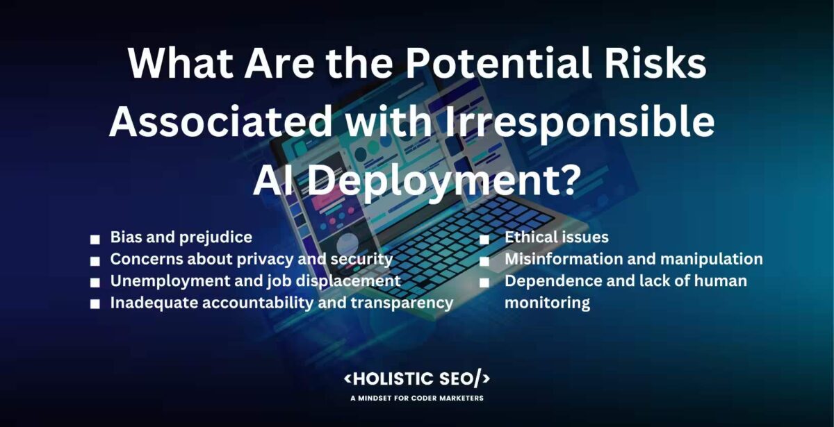What are the potential risks associated with irresponsible AI deployment What are the potential risks associated with irresponsible AI deployment
Bias and prejudice, Concerns about privacy and security, Unemployment and job displacement, Inadequate accountability and transparency, Ethical issues, Misinformation and manipulation, Dependence and lack of human monitoring