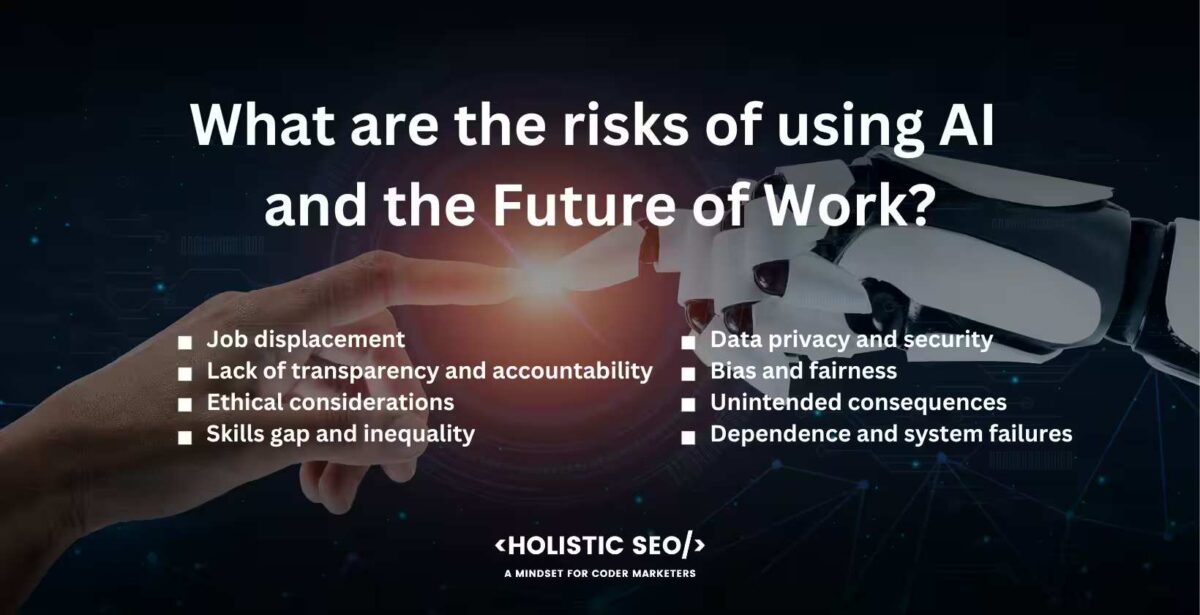 What are the risks of using AI and the future of work What are the risks of using AI and the future of work
job displacement, lack of transparency and accountability, ethical considerations, skills gap and inequality, data privacy and security, bias and fairness, unintended consequences, dependence and system failures