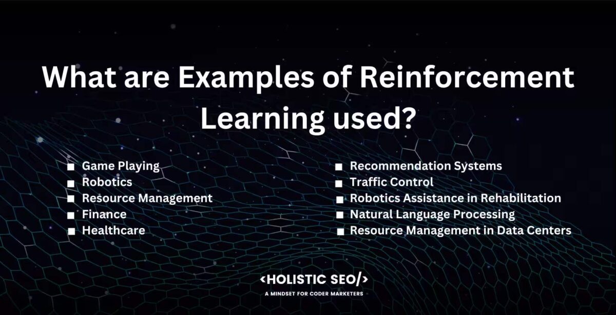what are examples of reinforcement learning used What are Examples of Reinforcement Learning used
Game Playing, Robotics,Resource Management, finance, healthcare, recommendation systems, traffic control, robotic assistance in rehabilitation, natural language processing, resource management in data centers