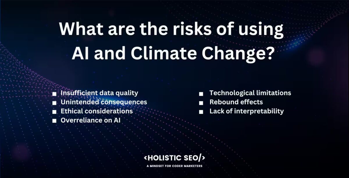 what are the risks of using AI and Climate Change what are the risks of using AI and climate change?
Insufficient data quality, unintended consequences, ethical considerations, overreliance on AI, Technological limitations, rebound efects, lack of interpretability